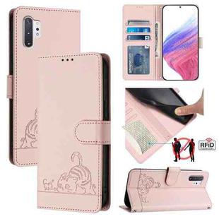For Samsung Galaxy Note10+ Cat Rat Embossed Pattern RFID Leather Phone Case with Lanyard(Pink)