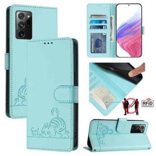 For Samsung Galaxy Note20 Cat Rat Embossed Pattern RFID Leather Phone Case with Lanyard(Mint Green)