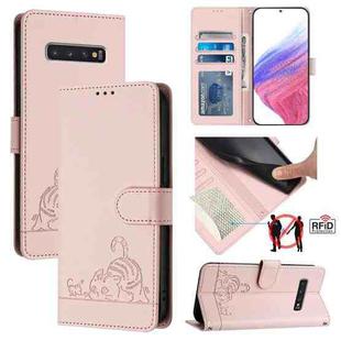 For Samsung Galaxy S10+ Cat Rat Embossed Pattern RFID Leather Phone Case with Lanyard(Pink)