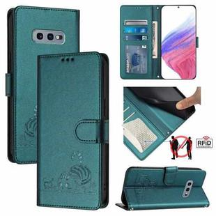 For Samsung Galaxy S10e Cat Rat Embossed Pattern RFID Leather Phone Case with Lanyard(Peacock Green)