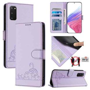 For Samsung Galaxy S20 FE 2022 Cat Rat Embossed Pattern RFID Leather Phone Case with Lanyard(Purple)