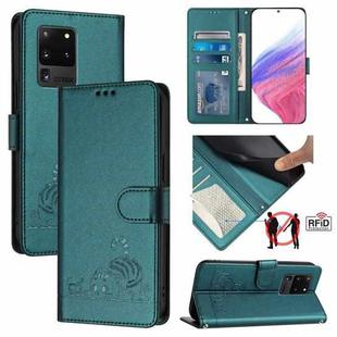 For Samsung Galaxy S20 Ultra Cat Rat Embossed Pattern RFID Leather Phone Case with Lanyard(Peacock Green)