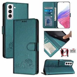 For Samsung Galaxy S21+ 5G Cat Rat Embossed Pattern RFID Leather Phone Case with Lanyard(Peacock Green)