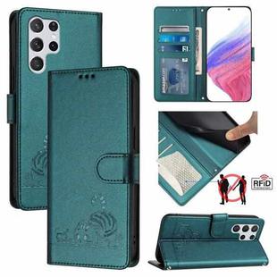 For Samsung Galaxy S22 Ultra 5G Cat Rat Embossed Pattern RFID Leather Phone Case with Lanyard(Peacock Green)