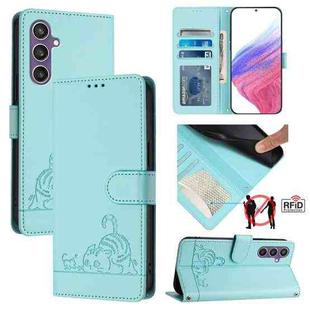 For Samsung Galaxy S23 FE 5G Cat Rat Embossed Pattern RFID Leather Phone Case with Lanyard(Mint Green)