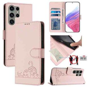 For Samsung Galaxy S23 Ultra 5G Cat Rat Embossed Pattern RFID Leather Phone Case with Lanyard(Pink)