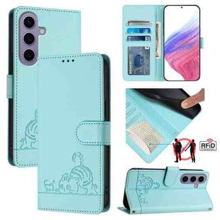For Samsung Galaxy S24 5G Cat Rat Embossed Pattern RFID Leather Phone Case with Lanyard(Mint Green)