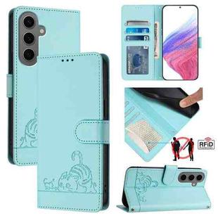 For Samsung Galaxy S24+ 5G Cat Rat Embossed Pattern RFID Leather Phone Case with Lanyard(Mint Green)