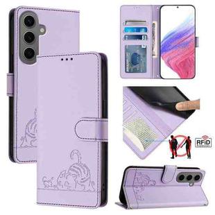 For Samsung Galaxy S24+ 5G Cat Rat Embossed Pattern RFID Leather Phone Case with Lanyard(Purple)
