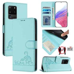 For Samsung Galaxy Note20 Ultra Cat Rat Embossed Pattern RFID Leather Phone Case with Lanyard(Mint Green)