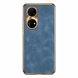 For Huawei P50 Pro Electroplating Lambskin Leather Phone Case(Blue)