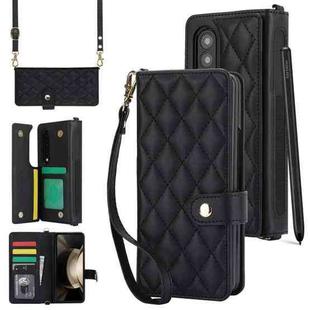 For Samsung Galaxy Z Fold4 Crossbody Multifunction Rhombic Leather Phone Case(Black)