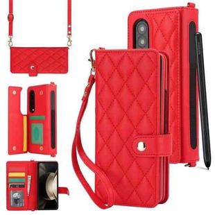 For Samsung Galaxy Z Fold4 Crossbody Multifunction Rhombic Leather Phone Case(Red)