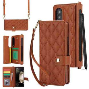 For Samsung Galaxy Z Fold4 Crossbody Multifunction Rhombic Leather Phone Case(Brown)