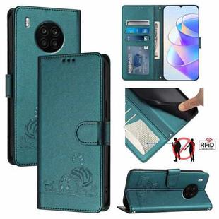 For Honor 50 Lite Cat Rat Embossed Pattern RFID Leather Phone Case with Lanyard(Peacock Green)