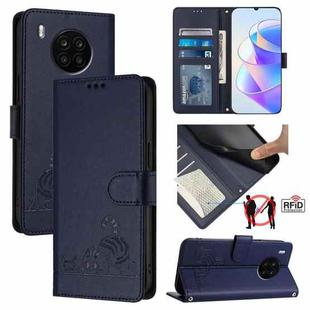 For Honor 50 Lite Cat Rat Embossed Pattern RFID Leather Phone Case with Lanyard(Blue)