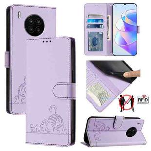 For Honor 50 Lite Cat Rat Embossed Pattern RFID Leather Phone Case with Lanyard(Purple)