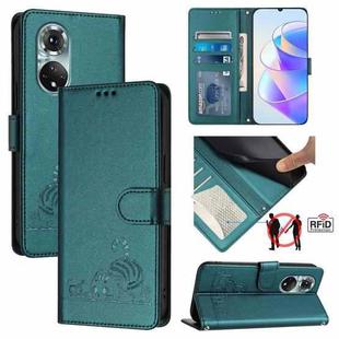For Honor 50 Pro Cat Rat Embossed Pattern RFID Leather Phone Case with Lanyard(Peacock Green)