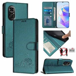 For Honor 50 SE Cat Rat Embossed Pattern RFID Leather Phone Case with Lanyard(Peacock Green)