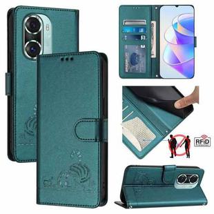 For Honor 60 Pro 5G Cat Rat Embossed Pattern RFID Leather Phone Case with Lanyard(Peacock Green)