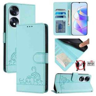 For Honor 70 5G Cat Rat Embossed Pattern RFID Leather Phone Case with Lanyard(Mint Green)