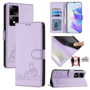 For Honor 80 GT 5G Cat Rat Embossed Pattern RFID Leather Phone Case with Lanyard(Purple)