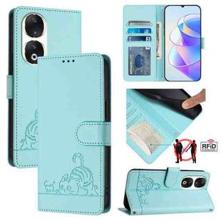 For Honor 90 5G Cat Rat Embossed Pattern RFID Leather Phone Case with Lanyard(Mint Green)