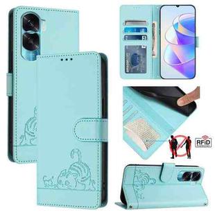 For Honor 90 Lite 5G/X50i 5G Cat Rat Embossed Pattern RFID Leather Phone Case with Lanyard(Mint Green)