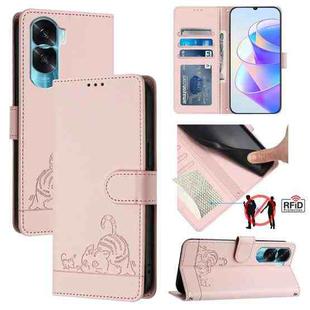 For Honor 90 Lite 5G/X50i 5G Cat Rat Embossed Pattern RFID Leather Phone Case with Lanyard(Pink)