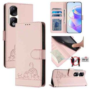 For Honor 90 Pro 5G Cat Rat Embossed Pattern RFID Leather Phone Case with Lanyard(Pink)