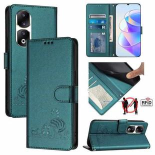 For Honor 90 Pro 5G Cat Rat Embossed Pattern RFID Leather Phone Case with Lanyard(Peacock Green)