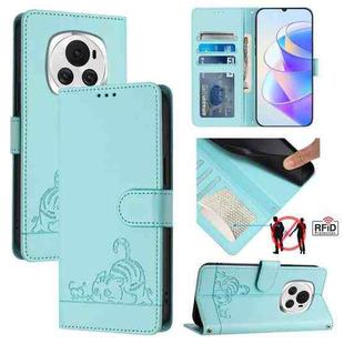 For Honor Magic6 5G Global Cat Rat Embossed Pattern RFID Leather Phone Case with Lanyard(Mint Green)