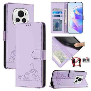 For Honor Magic6 5G Global Cat Rat Embossed Pattern RFID Leather Phone Case with Lanyard(Purple)