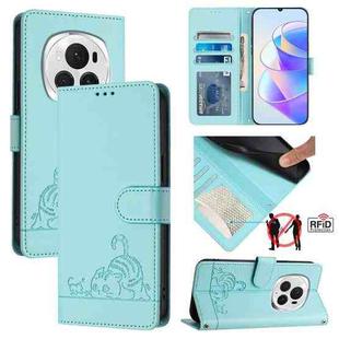 For Honor Magic6 Pro 5G Global Cat Rat Embossed Pattern RFID Leather Phone Case with Lanyard(Mint Green)