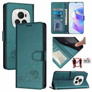 For Honor Magic6 Pro 5G Global Cat Rat Embossed Pattern RFID Leather Phone Case with Lanyard(Peacock Green)