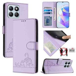 For Honor X6a 4G Cat Rat Embossed Pattern RFID Leather Phone Case with Lanyard(Purple)