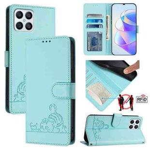For Honor X8 4G/X30i 5G Cat Rat Embossed Pattern RFID Leather Phone Case with Lanyard(Mint Green)