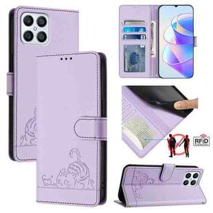 For Honor X8 4G/X30i 5G Cat Rat Embossed Pattern RFID Leather Phone Case with Lanyard(Purple)