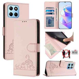 For Honor X8 5G Global/X6 4G Global Cat Rat Embossed Pattern RFID Leather Phone Case with Lanyard(Pink)