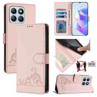 For Honor X8b 4G Global Cat Rat Embossed Pattern RFID Leather Phone Case with Lanyard(Pink)