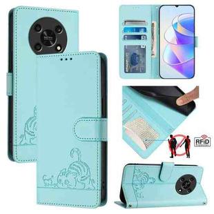 For Honor X30 5G/X9 5G/X9 4G Cat Rat Embossed Pattern RFID Leather Phone Case with Lanyard(Mint Green)