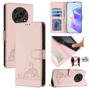 For Honor X30 5G/X9 5G/X9 4G Cat Rat Embossed Pattern RFID Leather Phone Case with Lanyard(Pink)