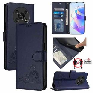 For Honor X30 5G/X9 5G/X9 4G Cat Rat Embossed Pattern RFID Leather Phone Case with Lanyard(Blue)