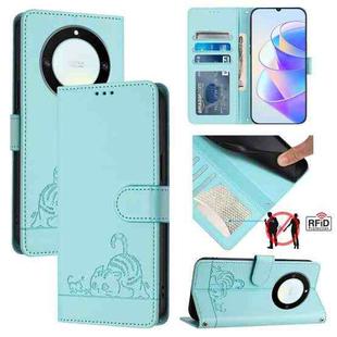 For Honor X40 5G/X9a 5G/Magic5 Lite Cat Rat Embossed Pattern RFID Leather Phone Case with Lanyard(Mint Green)