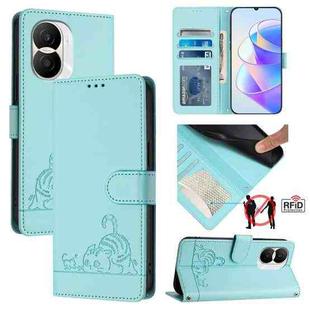 For Honor X40i 5G Cat Rat Embossed Pattern RFID Leather Phone Case with Lanyard(Mint Green)