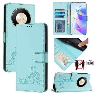 For Honor X9b 5G Global Cat Rat Embossed Pattern RFID Leather Phone Case with Lanyard(Mint Green)
