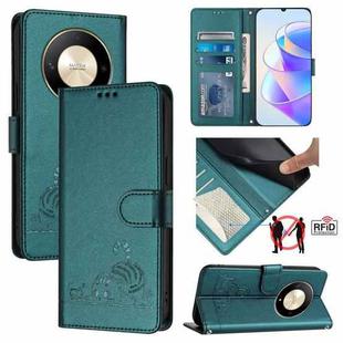 For Honor Magic6 Lite 5G Global Cat Rat Embossed Pattern RFID Leather Phone Case with Lanyard(Peacock Green)