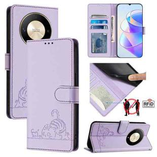 For Honor Magic6 Lite 5G Global Cat Rat Embossed Pattern RFID Leather Phone Case with Lanyard(Purple)