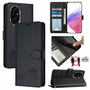 For Honor 200 Cat Rat Embossed Pattern RFID Leather Phone Case with Lanyard(Black)