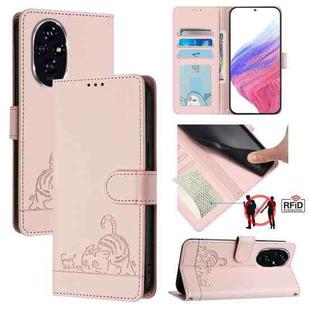 For Honor 200 Pro Cat Rat Embossed Pattern RFID Leather Phone Case with Lanyard(Pink)